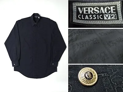 $96 • Buy Vintage 90's Versace Classic V2 Monogram Black Shirt Overprint Mens Colared - XL