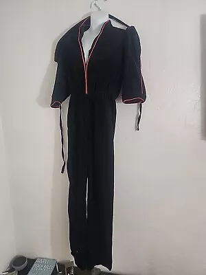 Vintage 70's 80's Black Corduroy Jumpsuit Red Piping Sz 5 Short Sleeve Great • $22.99