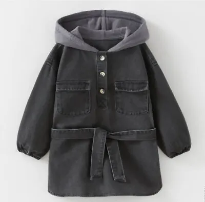 Zara Girls Denim Combination Dress Hooded Gray 4-5 Years • $29