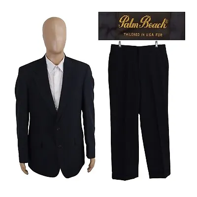 Vintage Palm Beach Two Piece 2 Button Navy Blue Pinstripe Wool Suit 40L 33X30 • $69.99