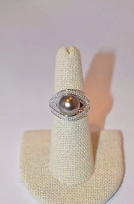 1227-14K WHITE GOLD 10mm GRAY PEARL AND DIAMOND RING 0.52TCW 9.50GRAMS • £1446.74