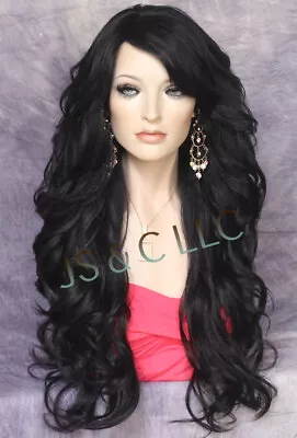 Full Human Hair Blend Wig Long Wavy Bangs Layered Heat OK Black Side Part RMVS • $89.94