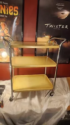 Vintage Mid Century Modern Yellow 3 Tier Metal Kitchen Cart With Tray Handles  • $69.99