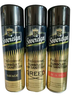 £11.25 • Buy Sovereign Turbojet Air Sanitiser Freshener Spray Mix Pack Of 3 Rada Greed Savage
