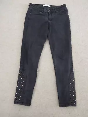 Zara Basic Denim Dept Black Biker Tapered Skinny Jeans Gold Studs 38 Zip Pockets • £9.99