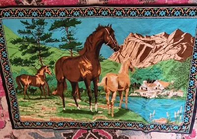 Large Vintage Wall Hanging Faux Velvet Tapestry Picture 1970s Horses  Panel 56 • $16.67