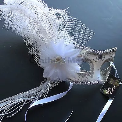 $18.49 • Buy White Venetian Masquerade Mask W/Ostrich Feathers Party Prom Mardi Gras Costume
