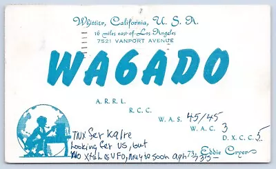 QSL CB Ham Radio Card WA6ADO Eddie Cryer Whittier CA 1959 Old Man Graphic • $5