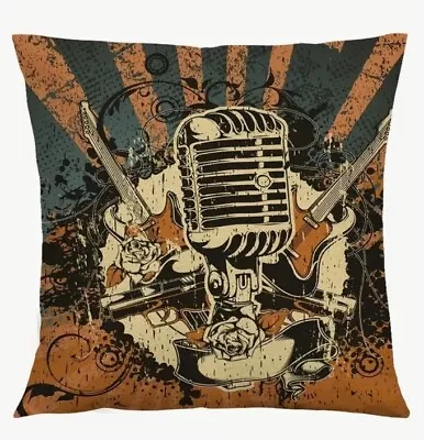 Vintage Retro Music Microphone Guitars Band Sing Throw Pillow Cover Home Decor • $13.56