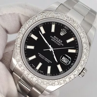 Rolex Datejust II 41mm 3.8ct Diamond Bezel/Black Index Watch 116300 Box Papers • $13050