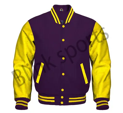 Letterman Baseball Varsity Bomber Purple Wool Body&Yellow Leather Sleeves Jacket • $79.99