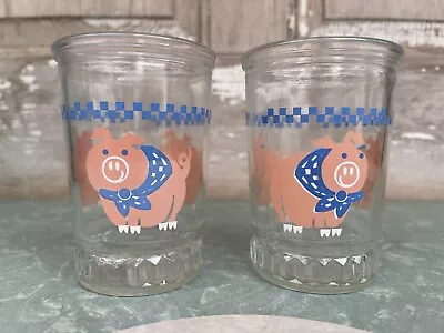 2 Vintage Swanky Swig Bama Jelly Jar Pigs With Bandanas Juice Glass 4  Farmhouse • $18.60