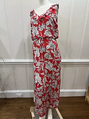 Matty M. Women's Ruffle Maxi Dress  Red With White Flowers Large Damaged • $4.95