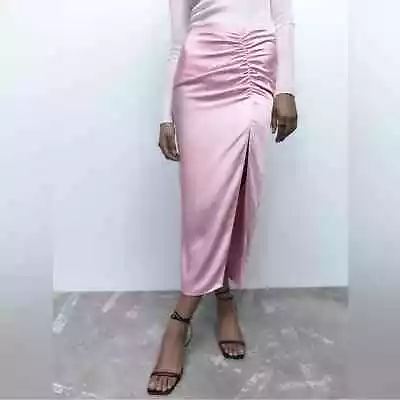 Zara Ruched Satin Effect Midi Skirt Pink High Slit X-Large • $39