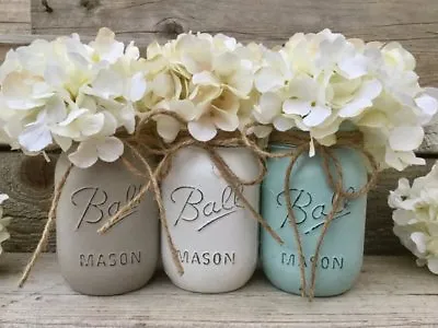 Chalk Painted Mason Jars Turquoise 3 Pint Boho Wedding Decor • $23.99