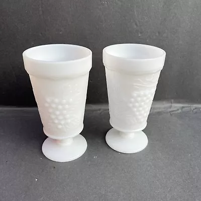 Set Of 2 Anchor Hocking White Milk Glass Grape Pattern Footed Tumblers 5 3/4” • $12.50
