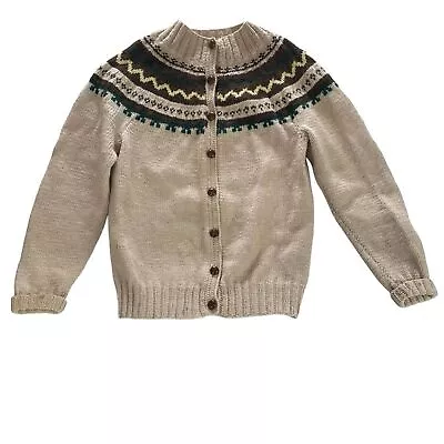 Vintage Wool Handmade Fairisle Cardigan Sweater Cream Brown Size Small • $32