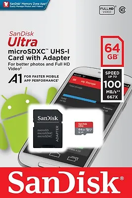 SanDisk Ultra A1 64GB 100MB/S 677X  MicroSDXC MicroSD UHS-I Full HD Memory Card • $7.55