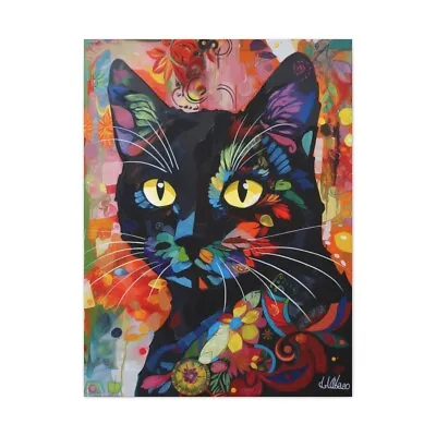 Floral Black Cat Art Print Cat Gift Mexican Wall Decor Ready To Hang Canvas • $199.99