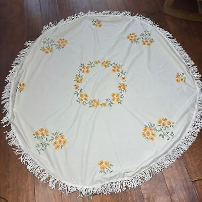 Vintage Floral Hand Embroidered Round Tablecloth 58  Yellow Flowers W/ Fringe • $32