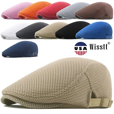 Mens Flat Newsboy Mesh Ivy Cap Outdoor Breathable Beret Solid Cabbie Hat Cotton • $7.98