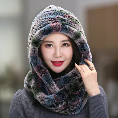 Warm Long Knitted Real Rabbit Fur Collar Scarf Shawl Hat Cap Neck Wrap Earflap • $39.99