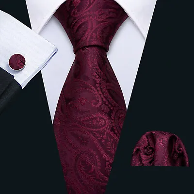 Barry Wang Mens Burgundy Red Paisley Tie Silk Wedding Necktie Hanky Cufflinks • $11.99