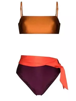 Zimmermann Violet Colour Block Bikini |Bandeau Top High Rise Bottoms Scarf Tie • $149.99