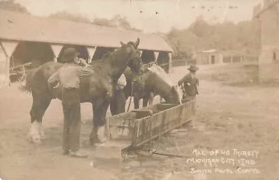 Horse & Men Drinking Water Michigan City Indiana IN 1910 Real Photo RPPC • $34.95