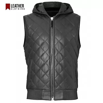 Real Lambskin Black Leather Men's Leather Vest Quilted Hooded Vest • $100