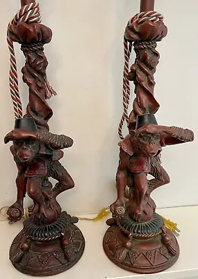 2 Monkey Age Table Lamps 34” Tassel Circus Chimpanzee Rare Vintage Red Fez • $249.99