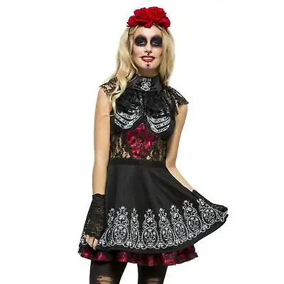 Women's Day Of The Dead Sugar Skull Skeleton Halloween Fancy Dress Costume Rose • £30.15