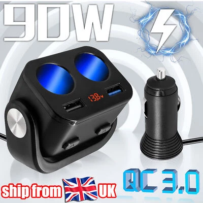 Car Cigarette Lighter Extension Cord Cable Socket Splitter Dual USB Charger 12V • £10.98