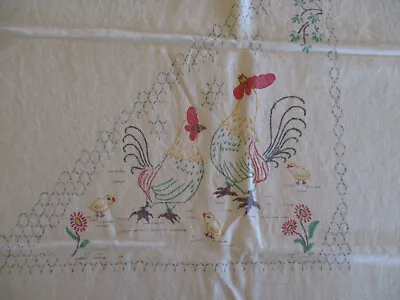 VTG Tablecloth Cotton 1940's 50's 60's Painted Chickens Gray Chicken Wire 53x38 • $17.90