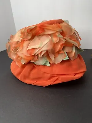 Easter Hat 1960s Peachy Orange Silk Flower Domed Floral Cloche Green Leaf Accent • $42