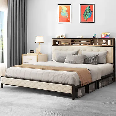 TAUS King Size Bed Frame With Upholstered Storage Headboard + Charging Station • $227.52