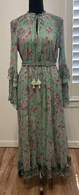 Hemant & Nandita Hera Crinkle Chiffon Mint Long Sleeve Midi Flowy Dress Size XS • $99.99