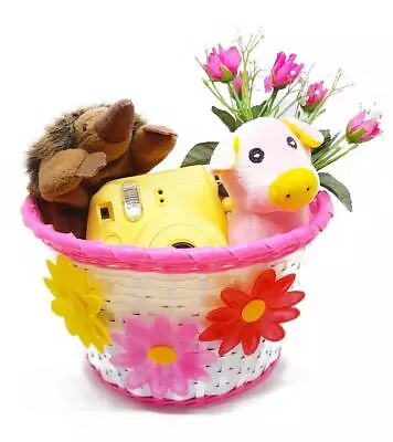 Kids Girls Bike Basket White With Pink Trim & Large Flowers • $19.99