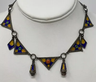 RARE Incredible Vintage Moroccan Berber Silver Enamel Coral Festoon Necklace • $275