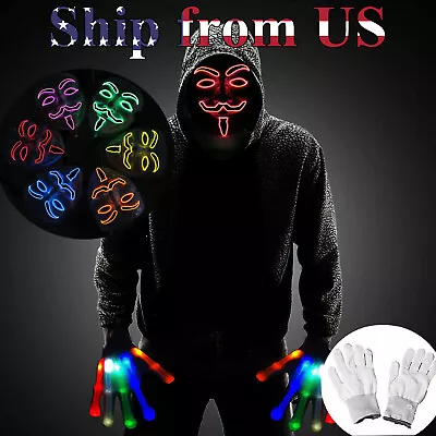 $13.99 • Buy Vendetta LED Light Mask Fawkes Anonymous W/ Gloves Night Club Rave Party Costume