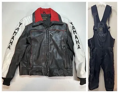 Yamaha Leather Snowmobile Suit Mens Small Black Lined Jacket Bib Overall VTG 70s • $181.95