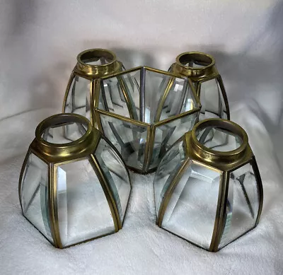 Set 5 Vtg Beveled Glass Lamp Shade Arts Crafts Mission Brass 6 Panel Curve 2 1/4 • $69.99