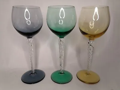 3x Harlequin Multi Coloured Wine Glasses With Air Twist Spiral Buttle Swirl Stem • £19.99