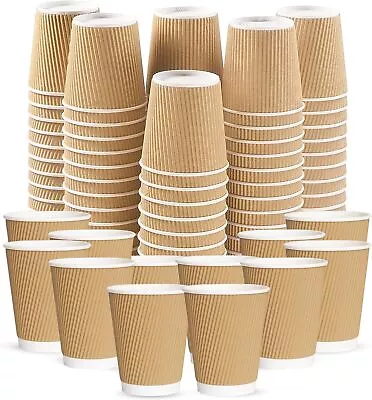 Disposable Kraft Ripple  Walled Paper Coffee Cups With/without Lids8/12/16oz • £139.99