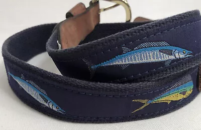 World Wide Sportsman Men’s Blue Multi Fish Print Canvas Brown Leather Belt 32 • $12.99