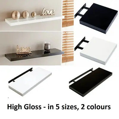 Modern HIGH GLOSS Shelf Floating Wall Shelves White Black Grey Bookcase Display • £12.99