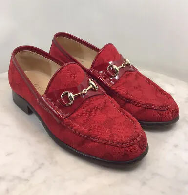 $195 • Buy GUCCI Red Monogram Patent Leather Horsebit Women’s Loafers Size 4.5