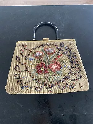 Vintage Taupe Floral Needlepoint Tapestry Carpet Bag Handbag Beaded Unique • $59.99