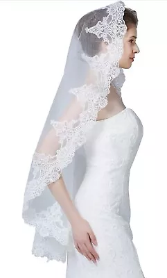 BEAUTELICATE Wedding Bridal Veil 1 Tier With Lace Edge White Ivory Mantilla Veil • £9.99