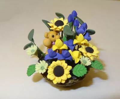 Dollhouse Teddy Bear Flower Arrangement In Gift Basket Handcraft Miniature Num 2 • $19.95